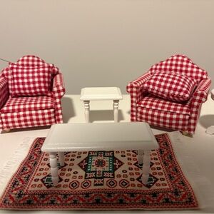 Miniature Red Gingham Armchairs with White Tables